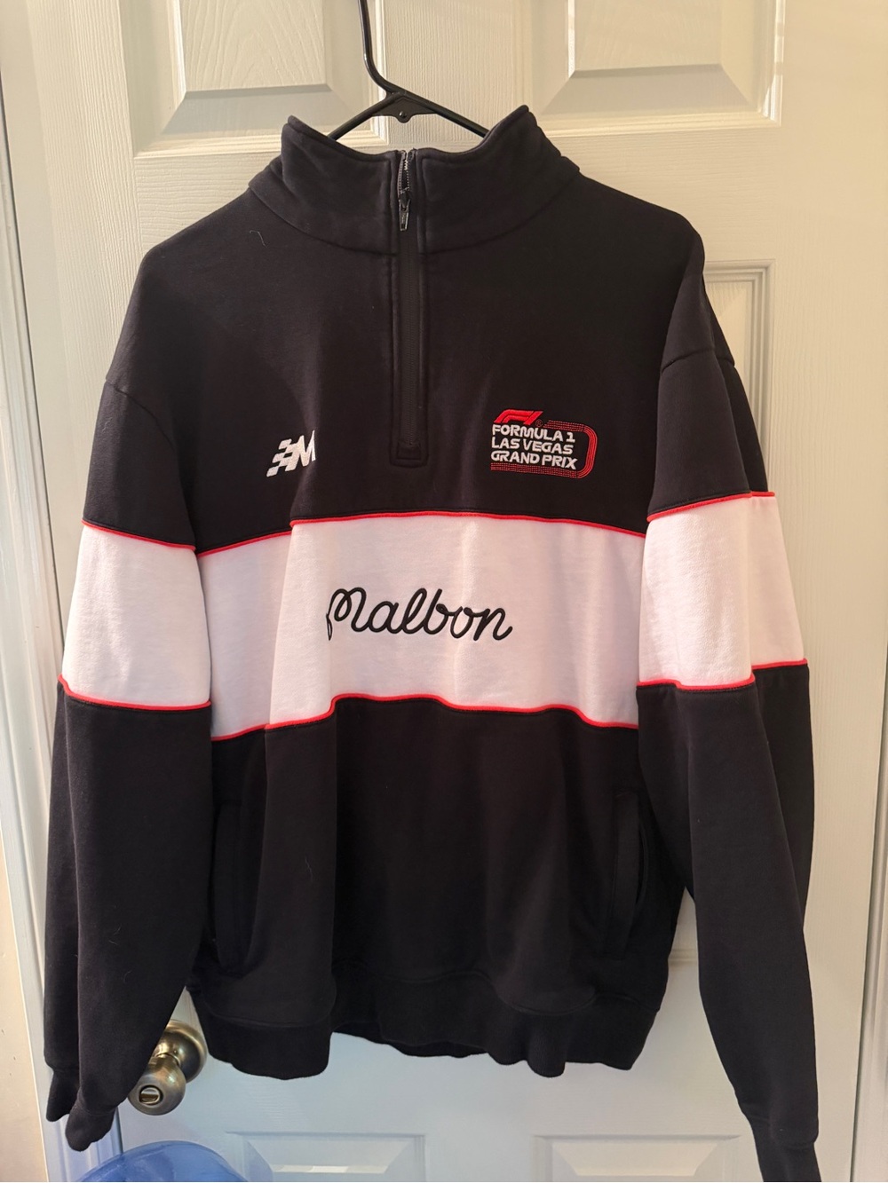 Malbon Formula 1 Black & White Quarter-Zip Pullover with Red Trim (Large)